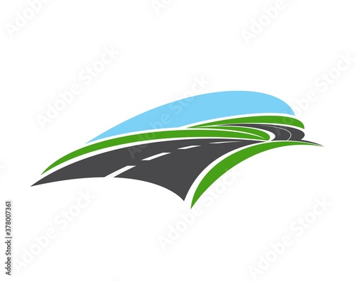 Road, pathway, highway vector icon. Winding paved road running through green fields with grassy roadside isolated on white background. Travel or transportation service design element, curve driveway