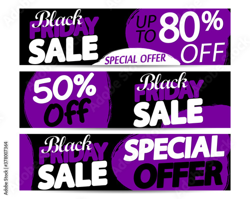 Black Friday Sale, set web banners design template, horizontal promotion posters, vector illustration