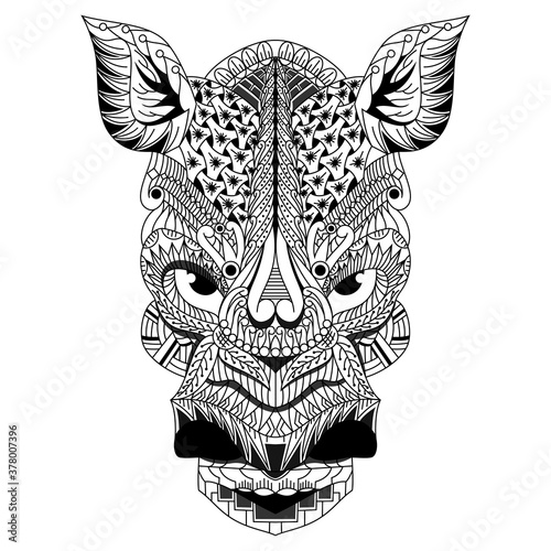 Hand drawn of rhino head in zentangle style