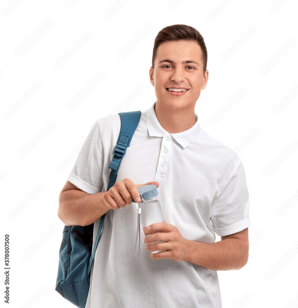 Young man with bottle of water on white background Young man with bottle of water on white background