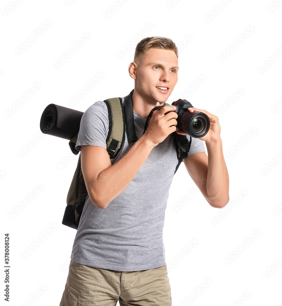 Male tourist with camera on white background Male tourist with camera on white background