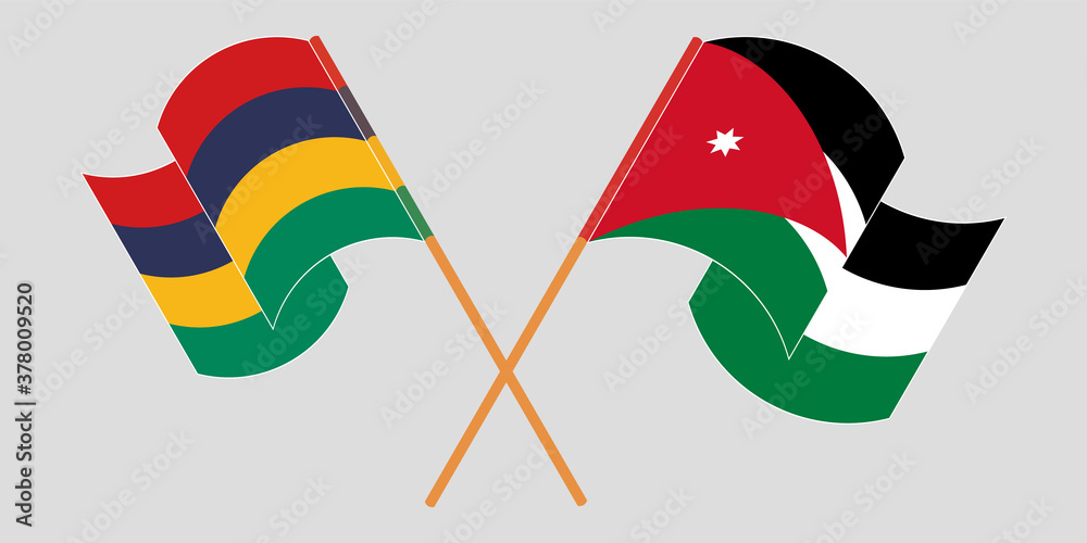 Crossed and waving flags of Mauritius and Jordan
