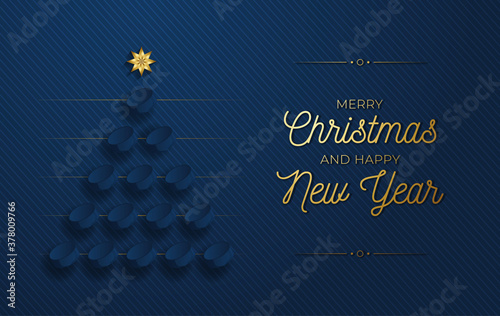 Christmas and new year greeting card. Creative Xmas tree made by hockey puck on blue background for Christmas and New Year celebration. Sport greeting card