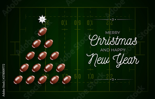 Christmas and new year greeting card. Creative Xmas tree made by american football ball on field background for Christmas and New Year celebration. Sport greeting card