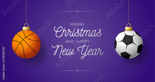 Luxury Merry Christmas horizontal banner. Christmas card with sport basketbal and football balls hang on a thread on purple modern background. Vector illustration. Place for your text