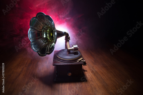 Old gramophone on a dark background. Music concept