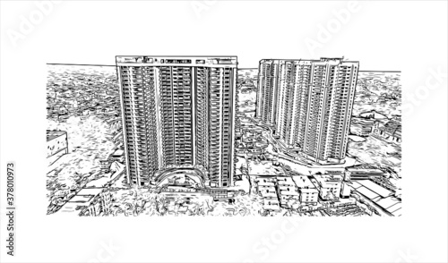 Building view with landmark of Bengaluru (also called Bangalore) is the capital of India's southern Karnataka state. Hand drawn sketch illustration in vector.