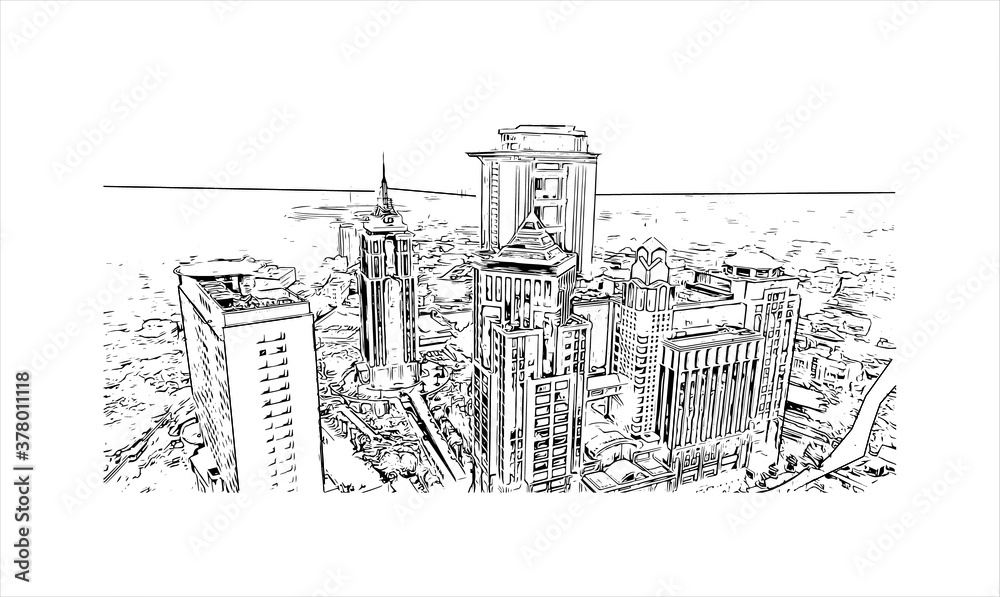 Building view with landmark of Bengaluru (also called Bangalore) is the capital of India's southern Karnataka state. Hand drawn sketch illustration in vector.