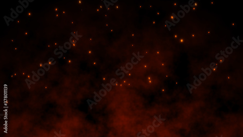 3D Burning embers glowing. Fire Glowing Particles on Black Background.