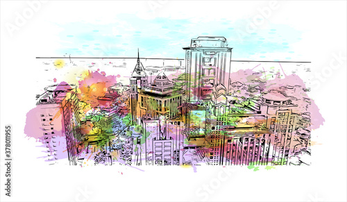 Building view with landmark of Bengaluru (also called Bangalore) is the capital of India's southern Karnataka state. Watercolor splash with hand drawn sketch illustration in vector. photo