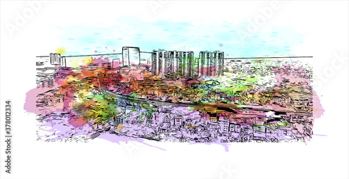 Building view with landmark of Bengaluru (also called Bangalore) is the capital of India's southern Karnataka state. Watercolor splash with hand drawn sketch illustration in vector.