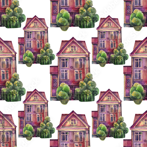Seamless pattern watercolor old wooden pink house with green leaves and grass on white background. Art creative objeck for card, wallpaper, wrapping, sticker, notebook, textile photo