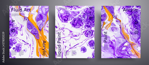 Abstract acrylic poster, fluid art vector texture set. Trendy background that can be used for design cover, poster, brochure and etc. Purple, orange and white universal trendy painting backdrop