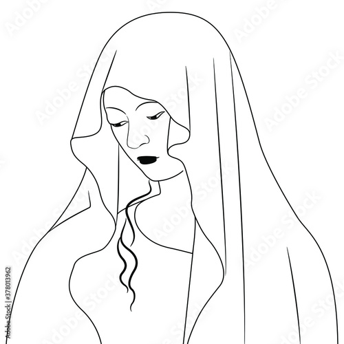 Virgin Mary icon. Portrait of beautiful medieval saint lady in a hood or veil. Black and white linear silhouette.