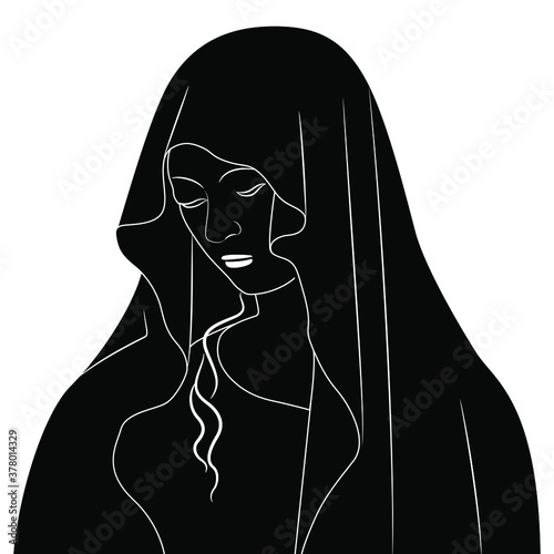 Virgin Mary icon. Portrait of beautiful medieval saint lady in a hood or veil. Black and white silhouette.