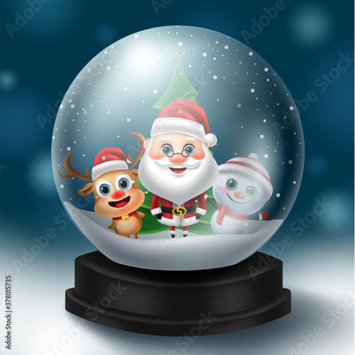 Christmas snowball characters vector concept design. Christmas snow ball element with santa claus, reindeer and snowman xmas character inside with falling snow background. Vector illustration