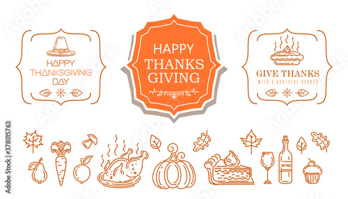 Thanksgiving line icon set. Happy Thanksgiving Day. A collection of symbols and greeting inscriptions for Thanksgiving. Vector illustration
