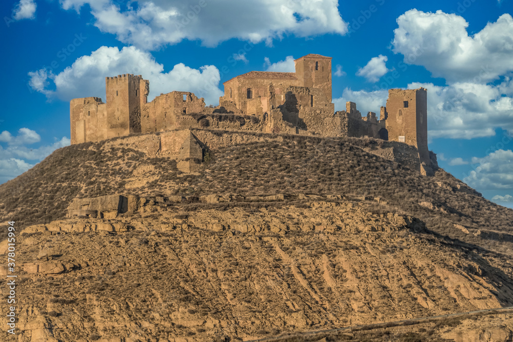 Historic Montearagon castle near Huesca Spain with partially restored walls and towers