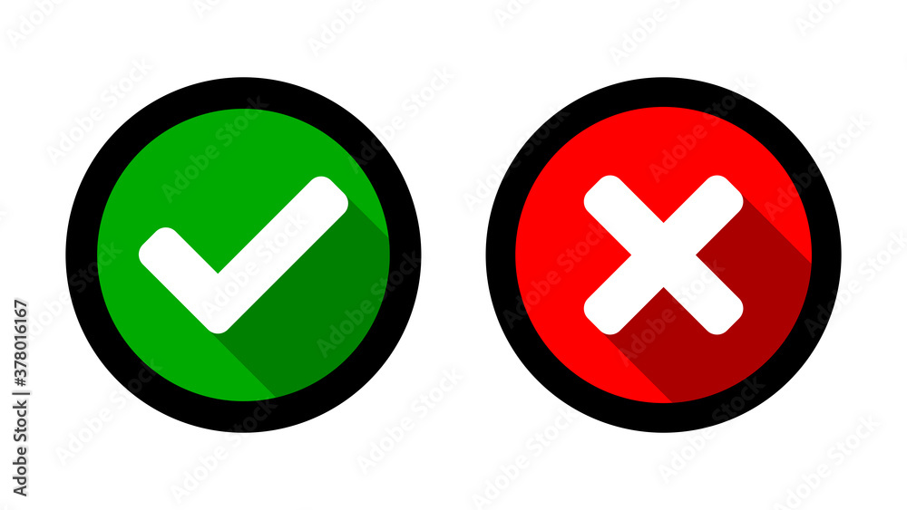 Yes and No or Right and Wrong or Approved and Declined Icons with Check Mark and X Signs with Shadow in Green and Red Circles. Vector Image. Yes and No or Right and Wrong or Approved and Declined Icons with Check Mark and X Signs with Shadow in Green and Red Circles. Vector Image.
