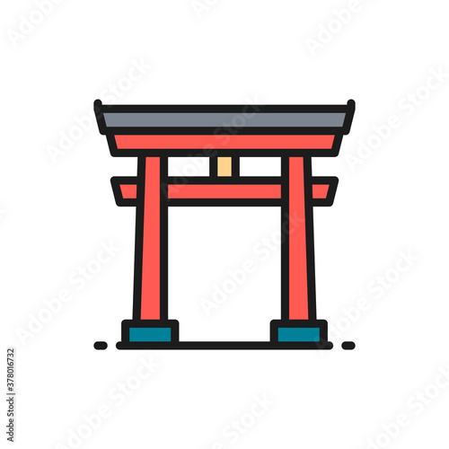 Japanese Torii gate flat color line icon.