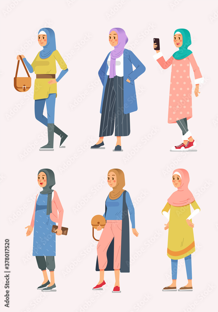 set of isometric woman hijab fashion with various style, muslim women illustration