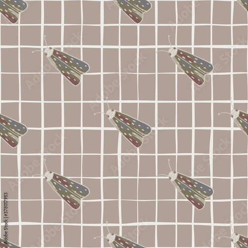 Pale seamless pattern with diagonal moles ornament. Beoge tones artwork with chequered background.