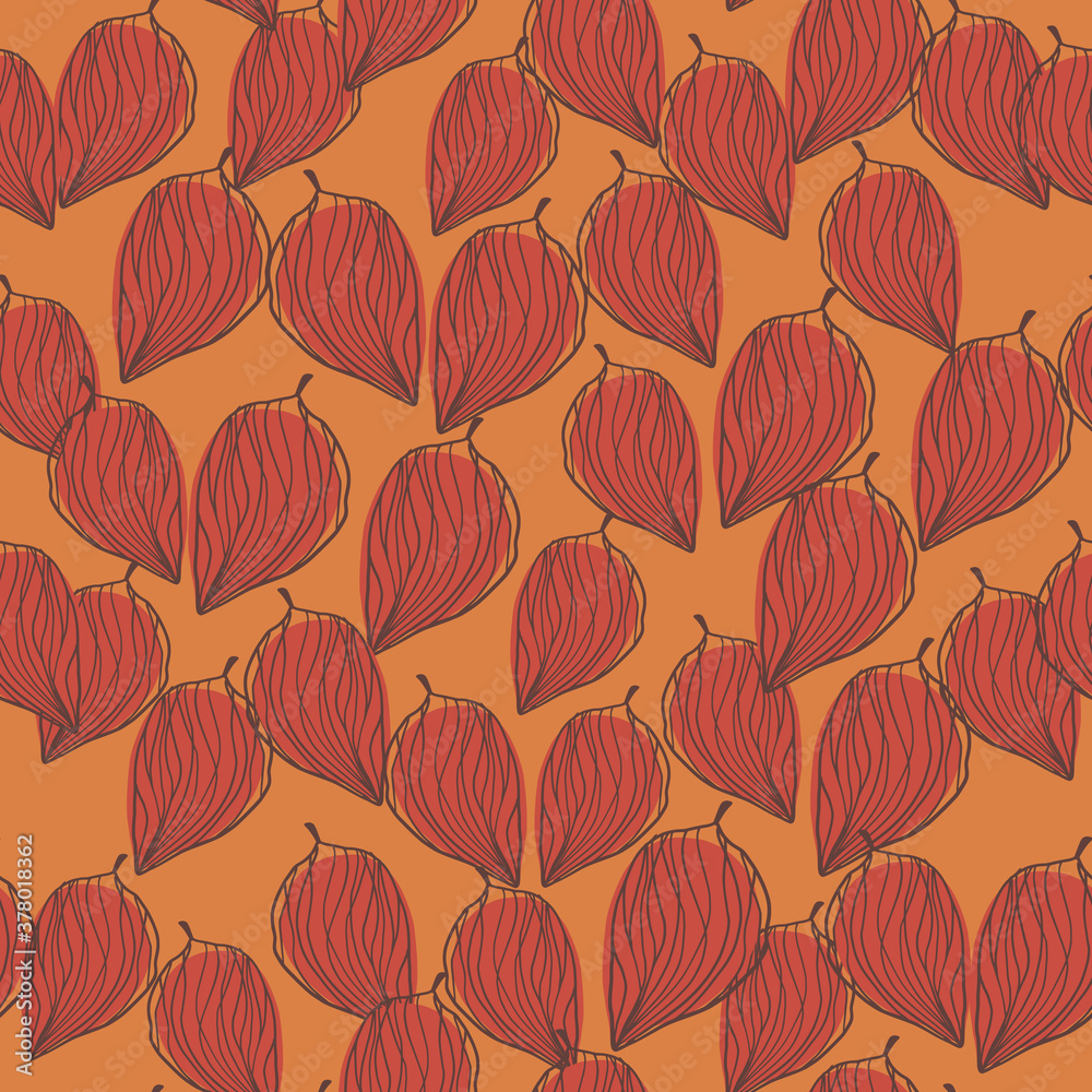 Obraz premium Random little outline leaves silhouettes seamless pattern. Red ornament on orange background.