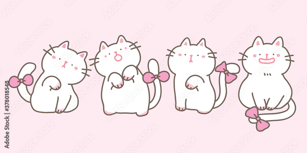 Obraz premium Vector Illustration of Cute Cartoon White Cat Characters on Pink Isolated Background