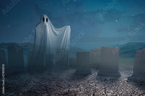 White ghost haunting on the graveyard