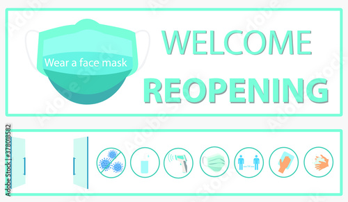 Wear a mask before entering the service.
Our store is open for business, welcome.
Hand gel mark, clean hands, keep distance, virus free, wear mask, thermometer, wipe clean.
Open door symbol.