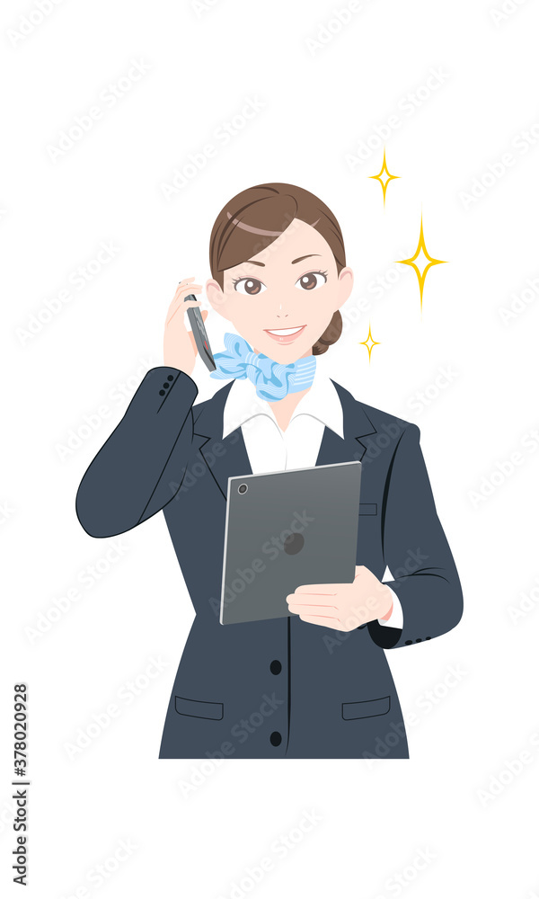 電話　タブレット　ポーズ　ビジネス　スーツ　女性