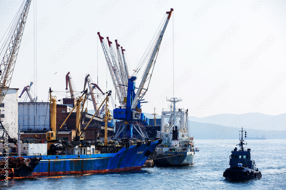 Fototapeta premium Commercial coasters are loading at the commercial port of Vladivostok.
