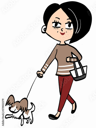Senior woman walking her dog