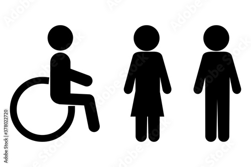 Toilet sign. Toilet sign for a man, a woman and a disabled person. Vector illustration. Stock image.