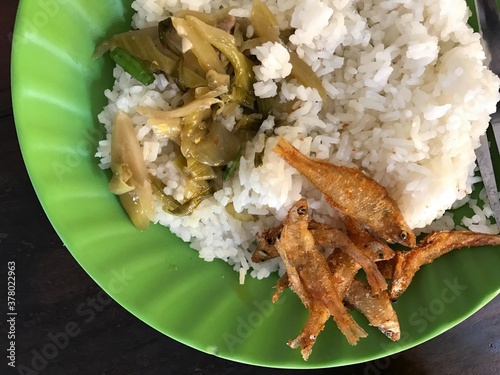 Street food and fish with rice in Southeast Asia