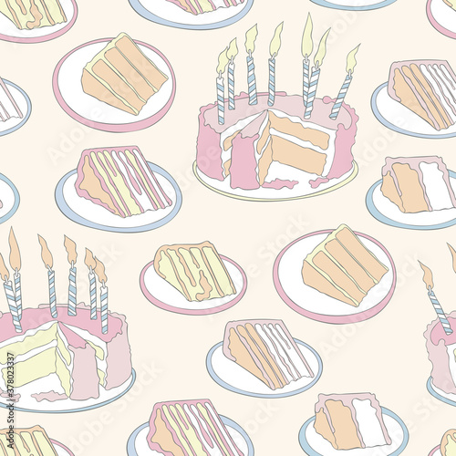 Birthday cake. Cake with candles. Piece of cake. Seamless vector pattern (background). Festive print.