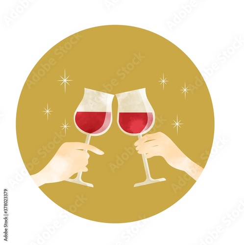 赤ワインで乾杯　ワイングラスを傾ける手　コースター型
