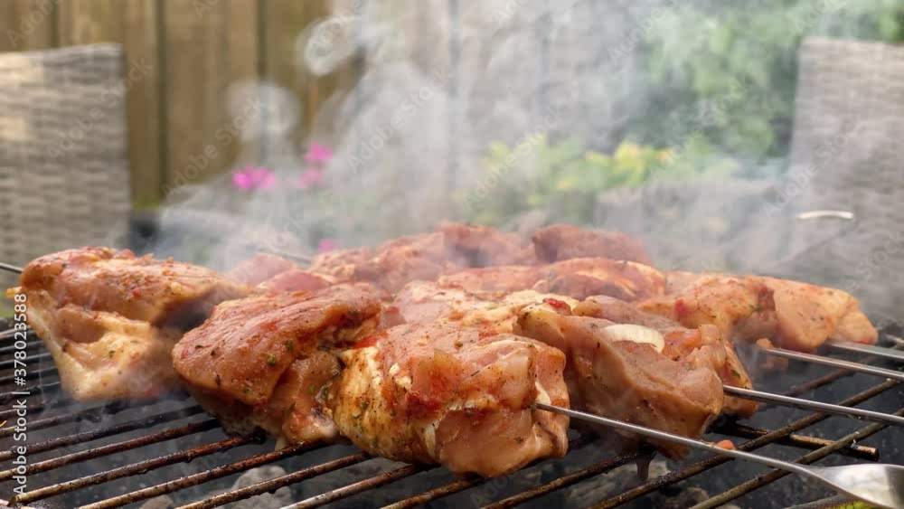 Marinated meat on sticks is grilled. Static shot. Marinated meat on sticks is grilled. Static shot.