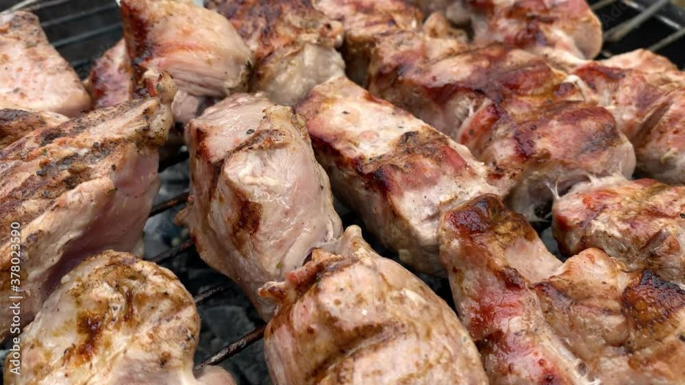 Marinated meat on sticks is grilled. Dolly shot. Close up. Marinated meat on sticks is grilled. Dolly shot. Close up.