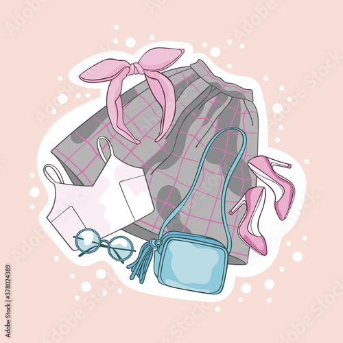 Fashion set. Sketch style vector collection. Clothes, footwear and accessories. Isolated vector object. White circle dots.