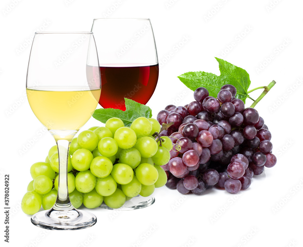Red and white wine in wine glass with ripe grapes isolated on white background. Red and white wine in wine glass with ripe grapes isolated on white background.