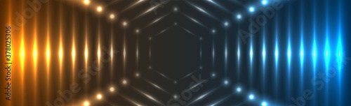 Blue orange glowing neon tech hexagons abstract background. Vector banner design