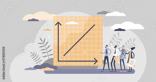 Progress graphic with success and growth rate on axis chart tiny persons concept. Development and improvement increase over evolution vector illustration. Business or job career upward direction scene