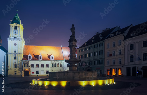 Night illumination of Main Square in center of Bratislava in Slovakia.