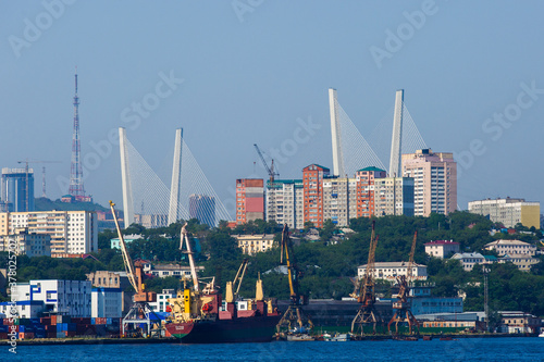 Summer, 2016 - Vladivostok, Russia - Vladivostok Marine Facade. Commercial seaport from the sea side.