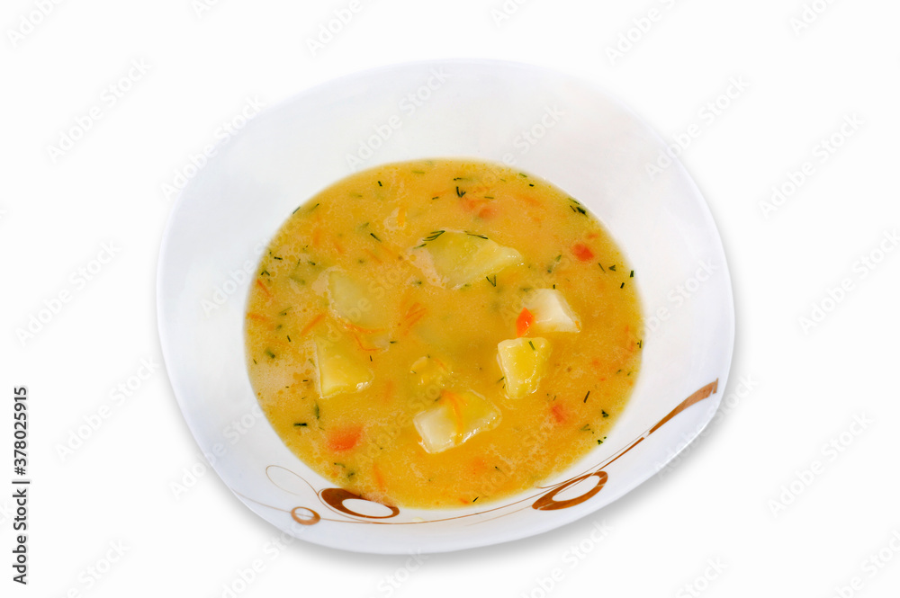 Homemade vegetable soup from fresh and useful products which submit on the first dish. Isolated on a white background. Homemade vegetable soup from fresh and useful products which submit on the first dish. Isolated on a white background.