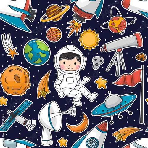 seamless pattern doodles astronauts and spaceships element