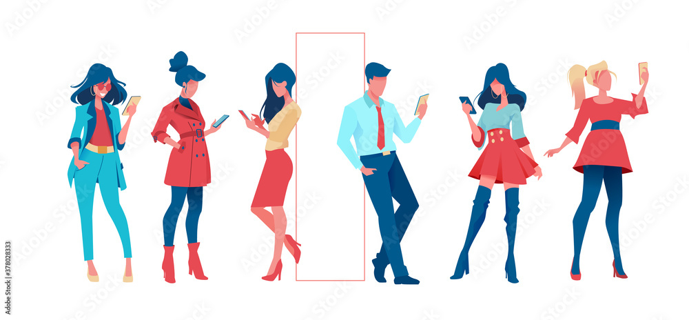 Group of trendy and business people are standing with phone in their hand. Set of fashion people on an isolated background. Flat vector illustration Group of trendy and business people are standing with phone in their hand. Set of fashion people on an isolated background. Flat vector illustration