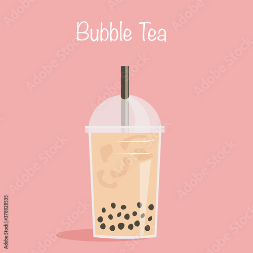 Take away glass of pearl milk tea with straw. A cup of famous Taiwanese bubble tea on pink background with caption. Vector illustration for street asian drinks at night market. Tapioca tea.
