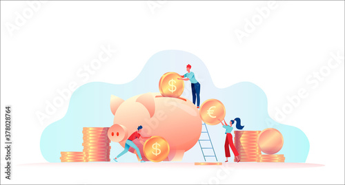Little people move coins and put them in a piggy bank.  Savings protection concept, retirement savings. Metaphor of investment, capital accumulation. Flat vector illustration